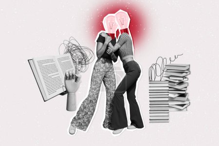 collage de fotos compuesto de las niñas abrazo en su lugar cabeza bombilla pila libro biblioteca estudiante figura de la mano aislado sobre fondo pintado.