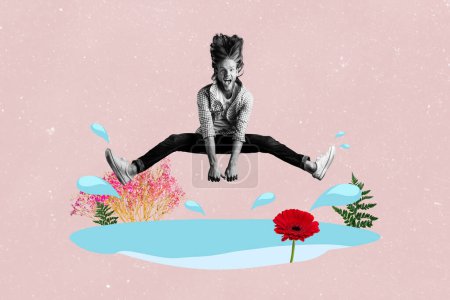 Image composite collage de jeunes gars sauter étang flaque rivière fondre éclaboussures de glace herbes fleurs printemps chaud isolé sur fond peint.