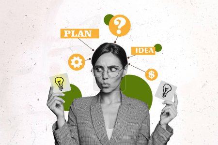 Composite photo collage of doubtful girl choose light bulb plan idea algorithm process signs secretary isolated on painted background.