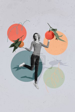 Creativo cartel vertical niña sostiene dos naranjas seleccionar mano vitaminas frescas nutrición saludable alimentos dibujo fondo.