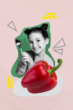 Vertikale Collage Poster junge kleine Mädchen halten Löffel bereit essen rote Paprika Lebensmittelgeschäft Rabatt frische Bio-vegane Lebensmittel.