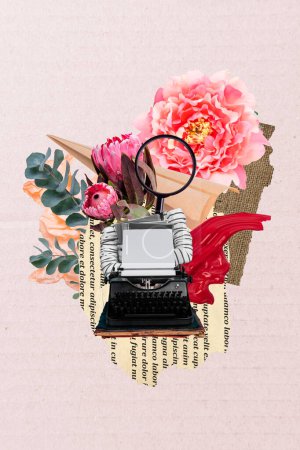 Dibujo compuesto surrealista ilustración de la imagen collage de la foto 3D de la señora de la flor del autor sin cuerpo loupe en lugar del tipo de cabeza máquina de escribir de la novela.