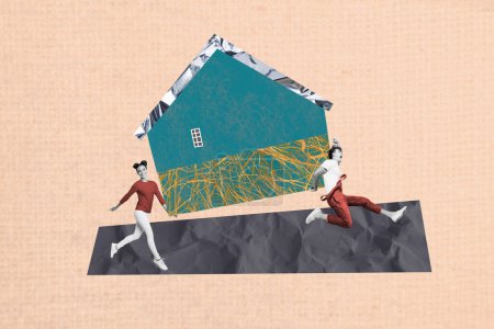 Foto Bild Bild Collage junge zwei Arbeiter Uniform tragen Haus neue Immobilienkauf Umzug Siedlung Hypothek Zeichnung Hintergrund.