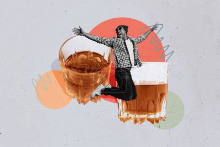 Kreative abstrakte Vorlage Collage von springen aufgeregt funky Mann haben Spaß Whiskey Glas Alkohol Bar Plakatwand Comics zine minimal.