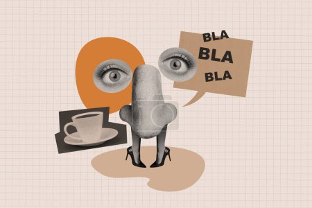 Composite Trend Artwork Skizze Bild 3D Foto Collage von gesichtslosen riesigen Nase mit Augen Klatsch Person reden bla bla bla trinken Tasse Kaffee.