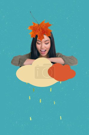 Composite trend artwork sketch image 3D photo collage of young lady sit on outdoors clouds peek fron sky fallen leaves rainy autumn season.