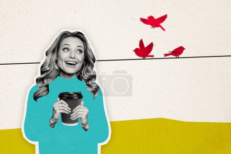 Collage photo composite de jeune fille heureuse boire tasse de café regarder les oiseaux fil de fer printemps à l'extérieur nature chaude isolé sur fond peint.