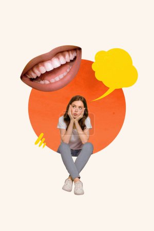 3D photo collage composite trend artwork sketch image of young thoughtful lady sit hold head on hand mind cloud think about gossip mouth.