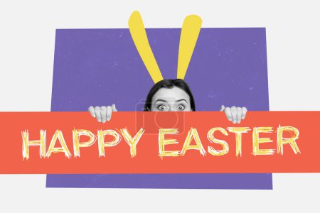 Kreative Foto-Collage junge versteckte Mädchen Blick über Zeichen glücklich Osterhasenohren Urlaub Glückwunsch Postkarte Zeichnung Hintergrund.