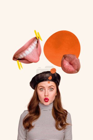 Compuesto tendencia ilustraciones boceto imagen 3D foto collage de joven atractiva dama tener chismes conversación con amigo enorme labios boca volar.