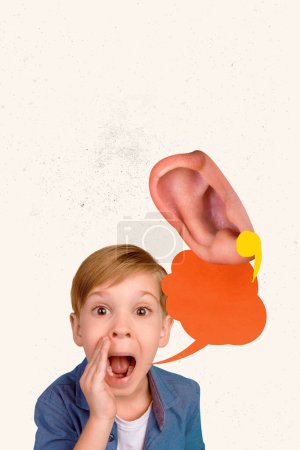 3D foto collage tendencia ilustraciones composición boceto imagen de niño pequeño escuela edad compartir noticias chismes rumores a amigo enorme oído escuchar.