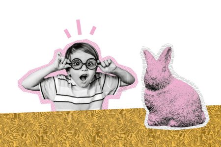 Creative image collage young amazed surprised kid preteen boy look rabbit animal stunned shocked reaction easter concept.