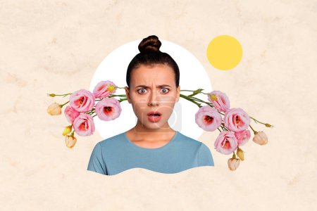 Photo collage image young unhappy girl shocked confused reaction beautiful flowers blossom springtime holiday march womens day.