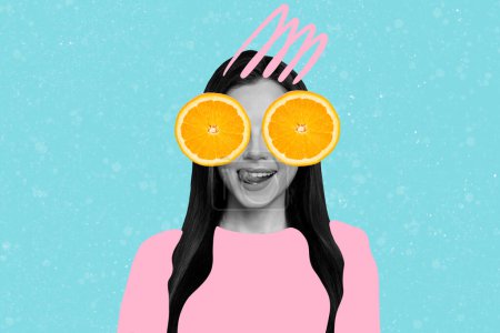 Creative collage picture young girl orange slices eyes vision sight fresh citrus exotic tropical fruits licking tongue tasty food.