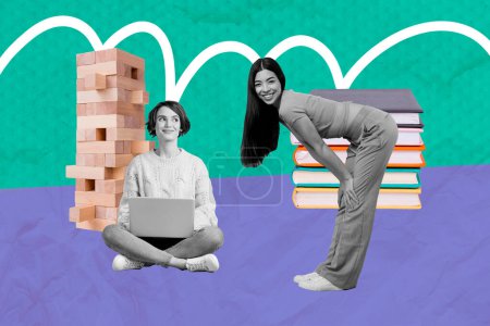 Creative photo collage young happy cheerful carefree girls laptop virtual tower jenga stack literature drawing background.