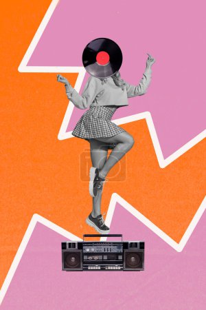 Vertical creative picture photo collage dancing headless young girl entertainment boombox audio playlist player party disco rhythm weekend.
