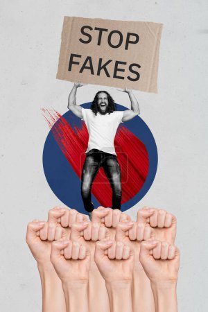3d photo artwork graphics collage painting of impressed guy leading stop fakes protest isolated grey color background.