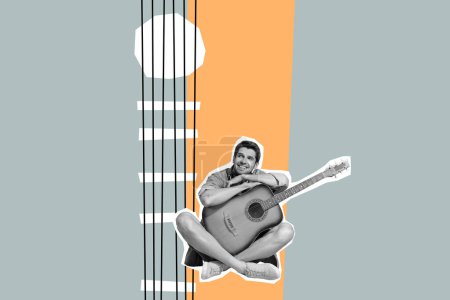 Composite collage picture image of funny male listen music have fun play guitar fantasy billboard comics zine.
