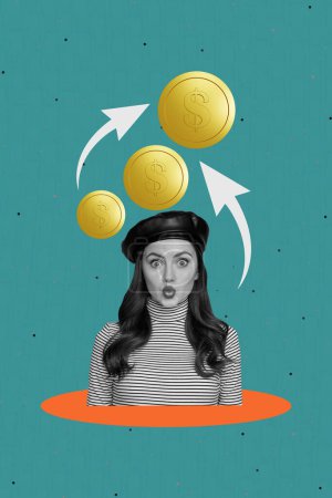 Vertical photo collage of astonished girl wear beret bussineswoman coin gold money arrow trade dollars isolated on painted background.