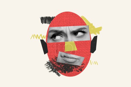 Collage photo créatif tête réfléchie visage humain caricature fragments yeux bouche découpe dilemme décider fond blanc.