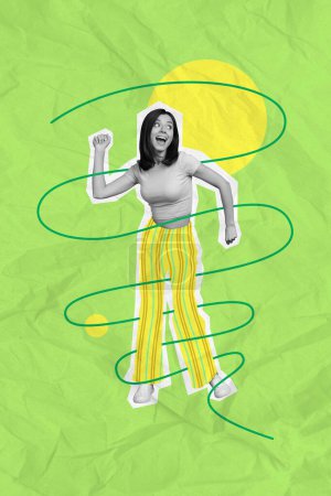 vertical creativo collage imagen feliz funky bailando mujer movimiento ritmo despreocupado divertido fin de semana descanso entretenimiento verde fondo.
