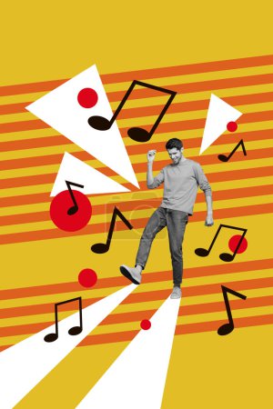 Vertical creative collage picture happy funky man excited dancer party disco note music listener festive event weekend relaxation.