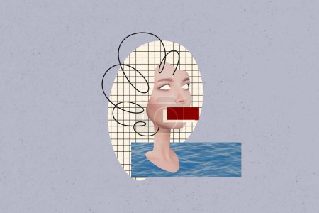 Tendance composite croquis image 3D photo surréaliste collage insolite de jeune femme aveugle garder le silence sans corps sans yeux aucune bouche conception abstraite.