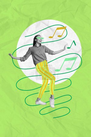 Vertical collage picture dancing happy carefree young girl celebrate joyful time music listener meloman green glasses drawing background.