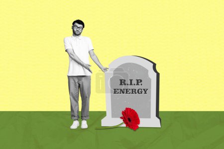Composite Trend Artwork Skizze Bild 3D Fotocollage von schwarz weißer Silhouette junger Kerl zeigen auf Grab mit Inschrift Rip Energie.