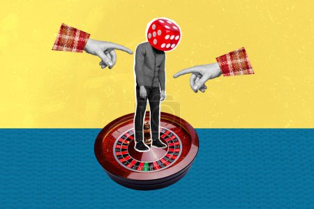 collage de fotos compuesto de hombre molesto en lugar de cabeza cubos mano punto perdedor riesgo de fracaso gamer ruleta mesa aislada sobre fondo pintado.
