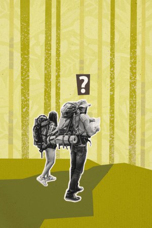 Vertical creative collage poster two expediters lost route way question mark problem find path forest wood nature camping.