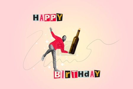 Exclusif magazine collage de jeune homme seul ont plaisir fête anniversaire heureux tenant bouteille de vin en verre isolé sur fond rose.