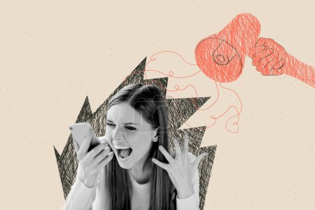 Trend artwork sketch image composite 3D photo collage of angry young lady furious phone conversation bullhorn use propaganda brainwash.