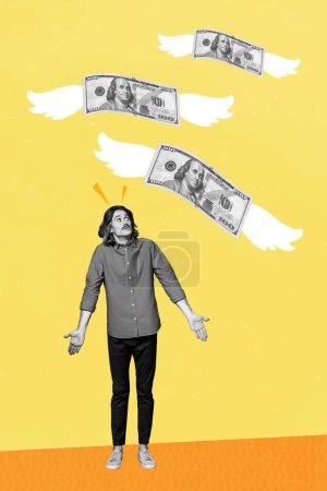 Sketch image composite trend artwork 3D photo collage of young pensive guy spread hands look up fly dollar usd banknote wings.
