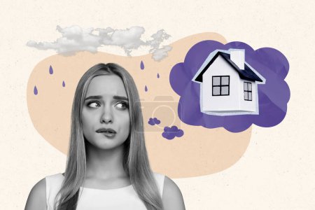 Photo collage creative picture young upset girl thinking relocation new house dwelling rainy weather clouds drawing background.