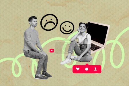 Kreative Bild-Collage sitzt junger Mann traurig Emoticon lächelnd glücklich Mädchen Laptop Social Network Blogging Zeichnung Hintergrund.