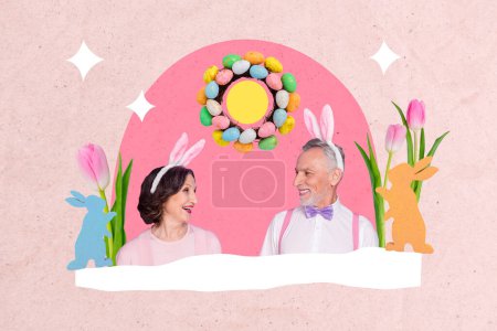 Creative poster collage of cute old couple marriage love celebrate easter holiday tradition invitation billboard comics zine minimal.