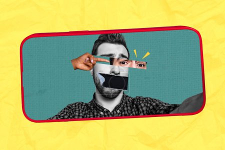 3D photo collage composite artwork sketch image of young guy blogger make selfie mouth covered keep silent eyes go down by finger.