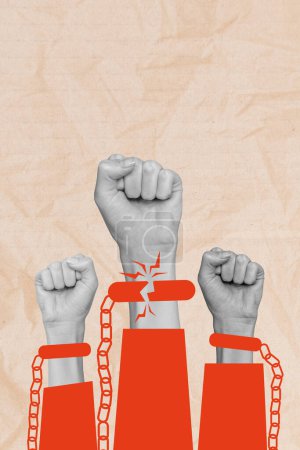 Día de los derechos humanos collage cartel ilustración de puños arriba lucha revolución activista multitud destruir cadenas aisladas en color beige fondo.