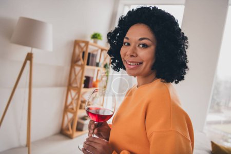Portrait photo de belle jeune femme boire du vin tenir verre habillé vêtements décontractés orange confortable jour lumière maison salon intérieur.