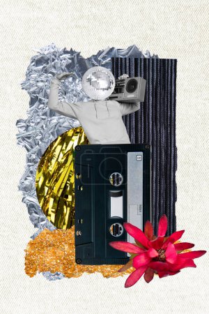 vertical collage imagen de mini negro blanco colores chico hold boombox disco bola en su lugar cabeza danza cinta grande cassette flor.