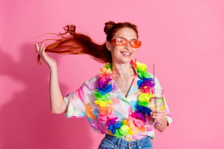 Photo of young sweet girlfriend wearing multicolor glamour shirt touch redhair at party drink cocktail isolated on pink color background.