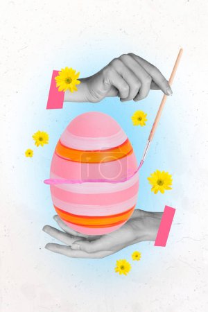 Vertical collage picture human hands hold huge easter egg painting brush preparation colorful decoration religious tradition symbol.