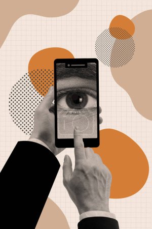 Vertikale kreative Collage Bild Smartphone Daten Cyber-Sicherheit menschliches Auge Spionage Hacking überwachen Touchscreen Zeichnung Hintergrund.