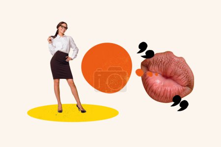 3D foto collage compuesto tendencia ilustraciones imagen de joven gerente de oficina dama tener conversación con enormes labios chismes rumores texto nube.