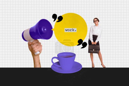 3D-Foto-Collage zusammengesetzte Bild der jungen Büroleiterin Dame plaudern mit Kollegen riesige Hand halten Lautsprecher haben Pause trinken Kaffee.