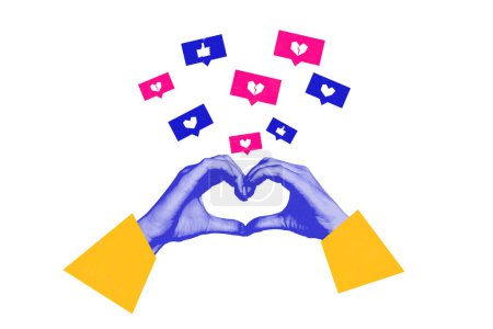 collage creativo imagen humana manos mostrando amor gesto corazón le gusta red social retroalimentación notificación fondo blanco.