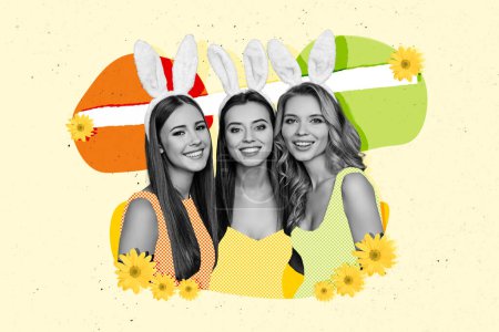 Fotografía creativa collage imagen feliz tres mejores amigos niñas fiesta Pascua tema fiesta fiesta alegre humor positivo.