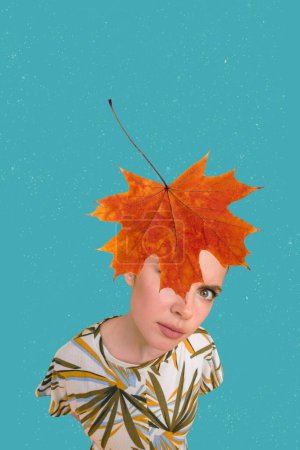 Sketch image composite trend artwork 3D photo collage of young fashion lady cover face with Autumn season leaves fallen tree maple.