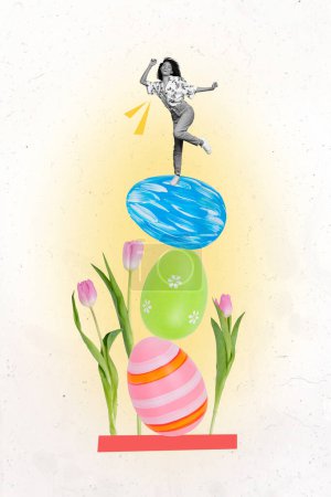 Vertical creative collage picture young happy carefree dancing girl top eggs painted decorated tulips flora blossom environment holiday.